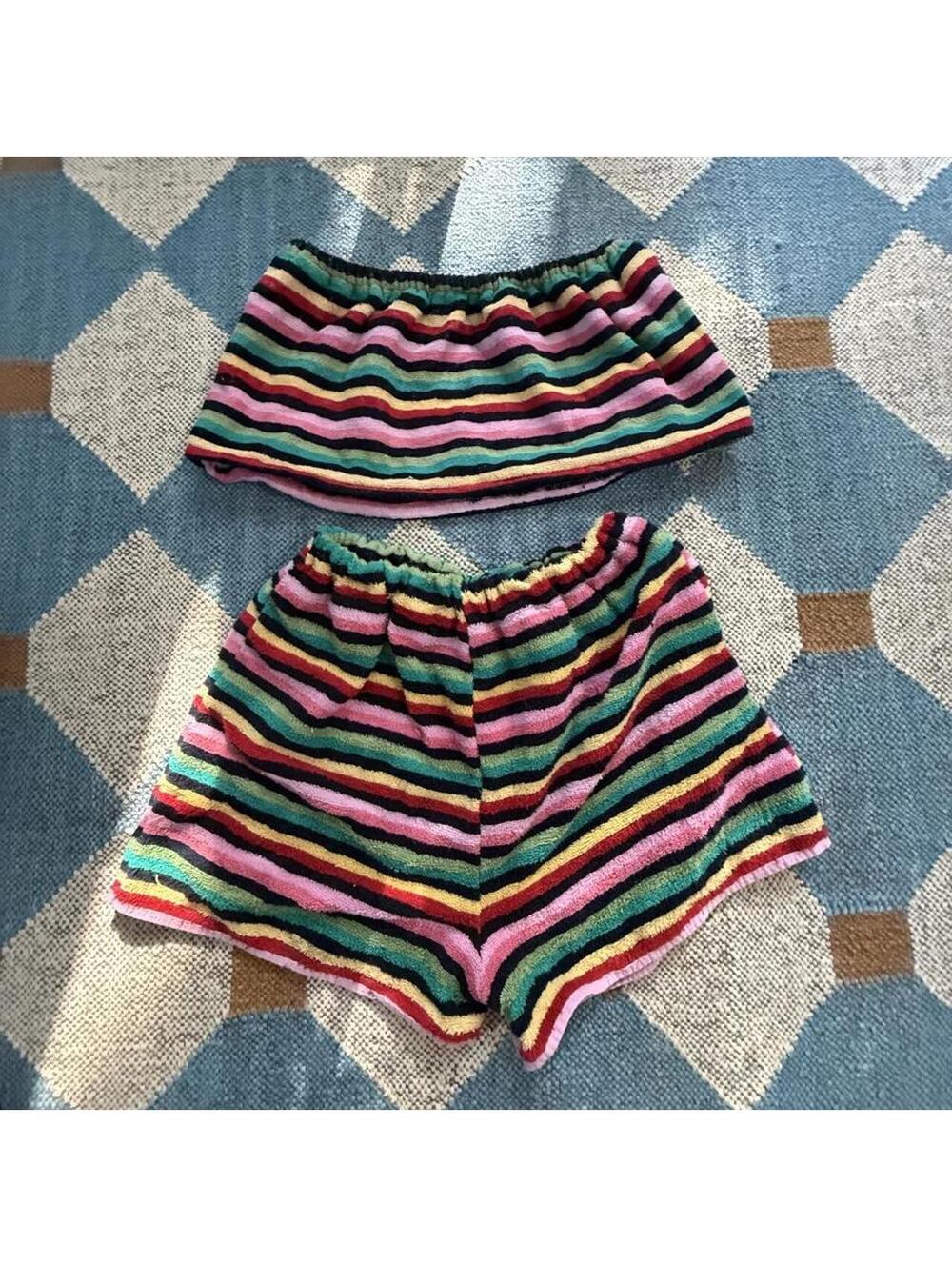 Handmade Terry Black Rainbow Stripe Towel Set Shorts Strapless Top